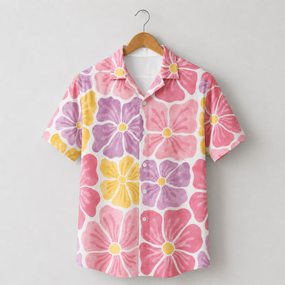 HW-462-Pink Polyester Hawaiian Resort Shirt, Pastel Petal Pattern Button Down Top Beachwear Clothing