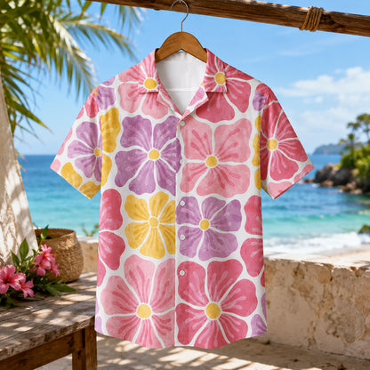 HW-462-Pink Polyester Hawaiian Resort Shirt, Pastel Petal Pattern Button Down Top Beachwear Clothing