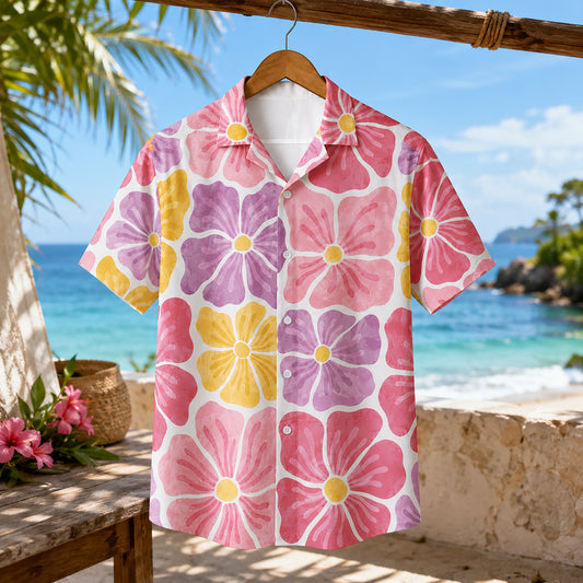HW-462-Pink Polyester Hawaiian Resort Shirt, Pastel Petal Pattern Button Down Top Beachwear Clothing