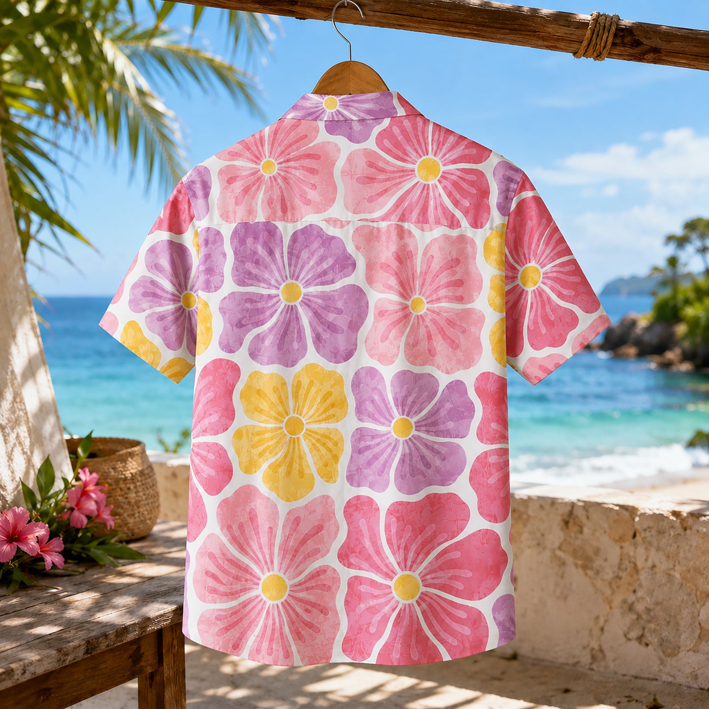 HW-462-Pink Polyester Hawaiian Resort Shirt, Pastel Petal Pattern Button Down Top Beachwear Clothing