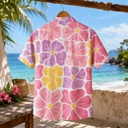 HW-462-Pink Polyester Hawaiian Resort Shirt, Pastel Petal Pattern Button Down Top Beachwear Clothing