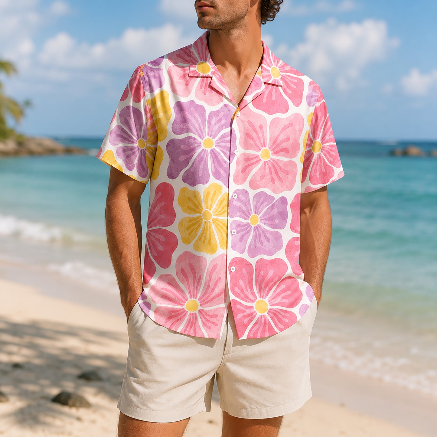 HW-462-Pink Polyester Hawaiian Resort Shirt, Pastel Petal Pattern Button Down Top Beachwear Clothing