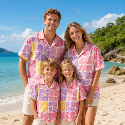 HW-462-Pink Polyester Hawaiian Resort Shirt, Pastel Petal Pattern Button Down Top Beachwear Clothing