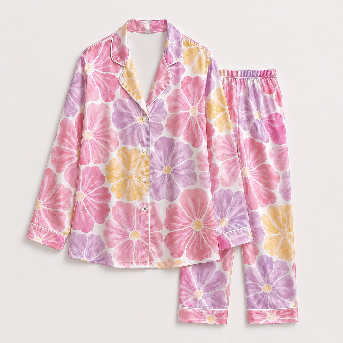 PJ-462-Lavender Silk Retro Blossom Pajama Apparel, Colorful Abstract Graphic Loungewear Sleepwear Collection Top Bottom Raiment