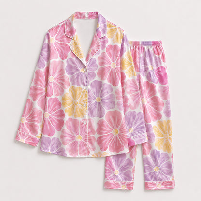 PJ-462-Lavender Silk Retro Blossom Pajama Apparel, Colorful Abstract Graphic Loungewear Sleepwear Collection Top Bottom Raiment