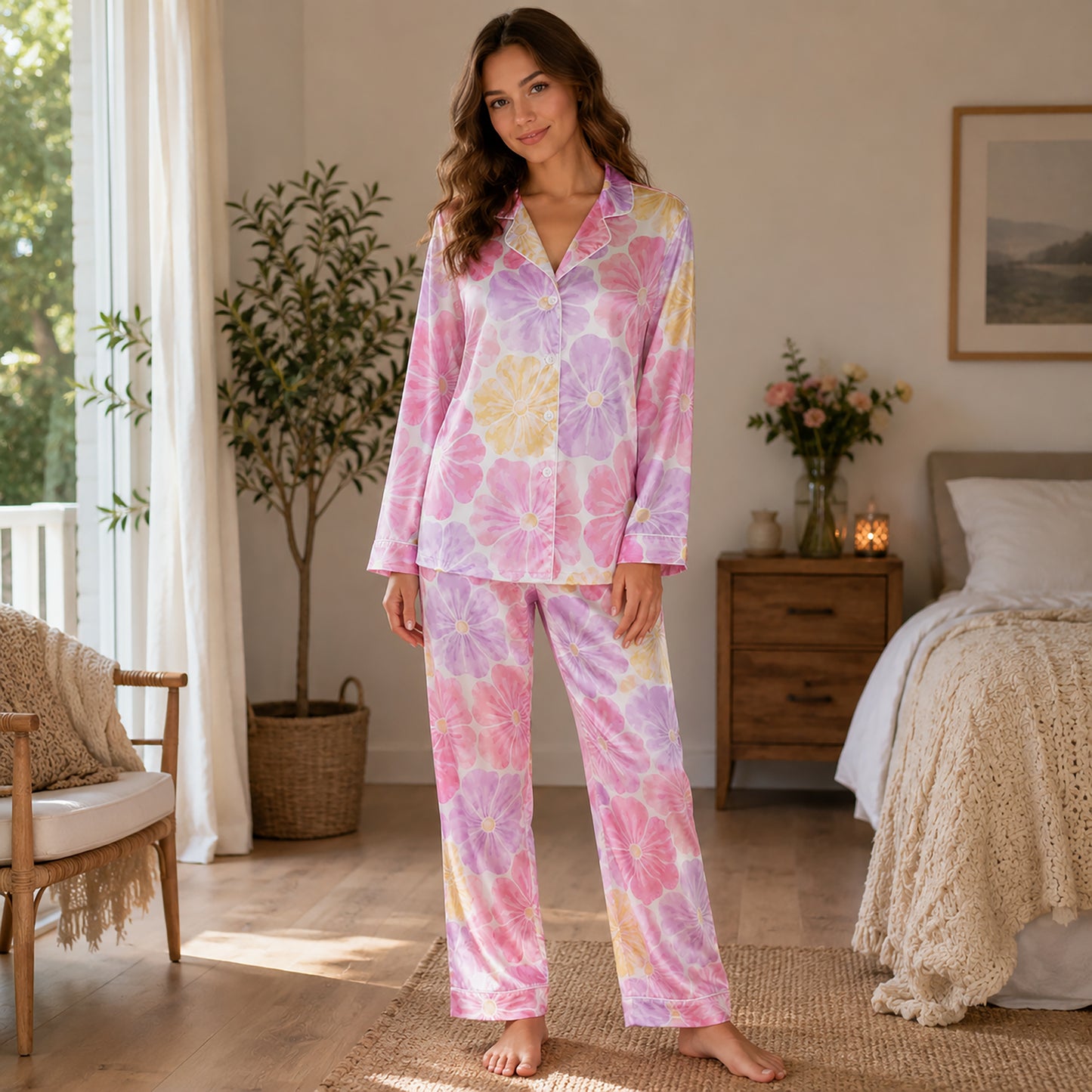 PJ-462-Lavender Silk Retro Blossom Pajama Apparel, Colorful Abstract Graphic Loungewear Sleepwear Collection Top Bottom Raiment