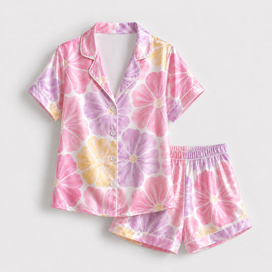 PJ-462-Lavender Silk Retro Blossom Pajama Apparel, Colorful Abstract Graphic Loungewear Sleepwear Collection Top Bottom Raiment