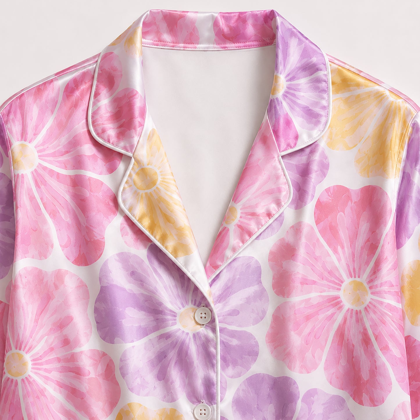 PJ-462-Lavender Silk Retro Blossom Pajama Apparel, Colorful Abstract Graphic Loungewear Sleepwear Collection Top Bottom Raiment