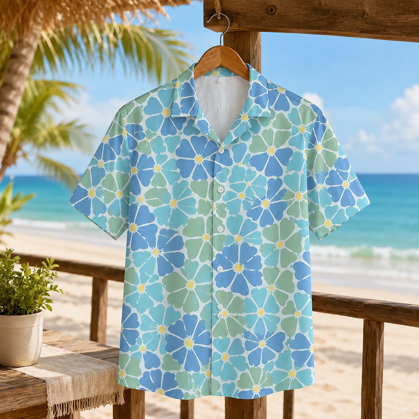 HW-463-Blue Polyester Hawaiian Resort Shirt, Pastel Floral Pattern Button Down Top Beachwear Clothing