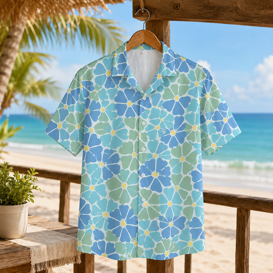HW-463-Blue Polyester Hawaiian Resort Shirt, Pastel Floral Pattern Button Down Top Beachwear Clothing
