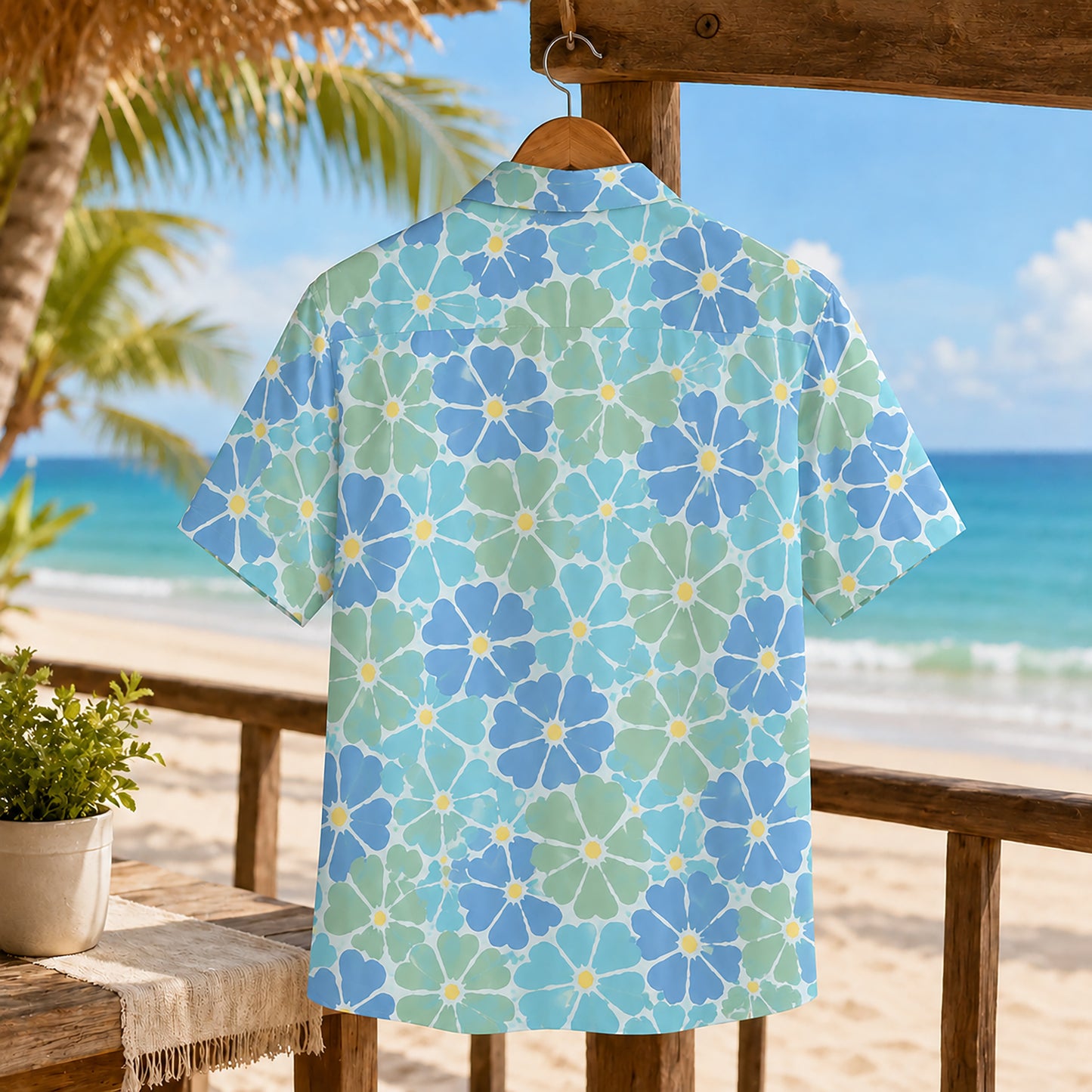 HW-463-Blue Polyester Hawaiian Resort Shirt, Pastel Floral Pattern Button Down Top Beachwear Clothing