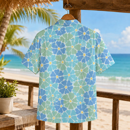 HW-463-Blue Polyester Hawaiian Resort Shirt, Pastel Floral Pattern Button Down Top Beachwear Clothing