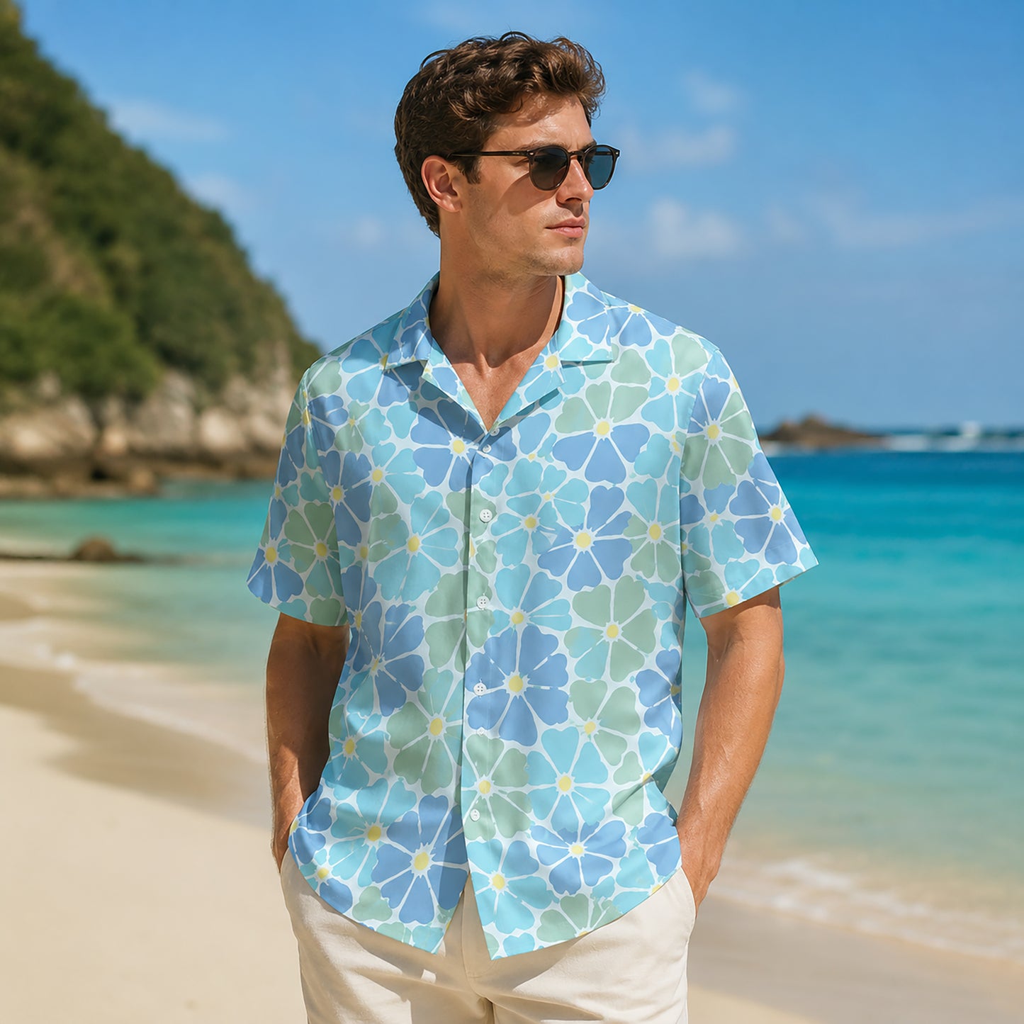 HW-463-Blue Polyester Hawaiian Resort Shirt, Pastel Floral Pattern Button Down Top Beachwear Clothing