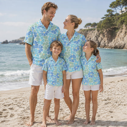 HW-463-Blue Polyester Hawaiian Resort Shirt, Pastel Floral Pattern Button Down Top Beachwear Clothing