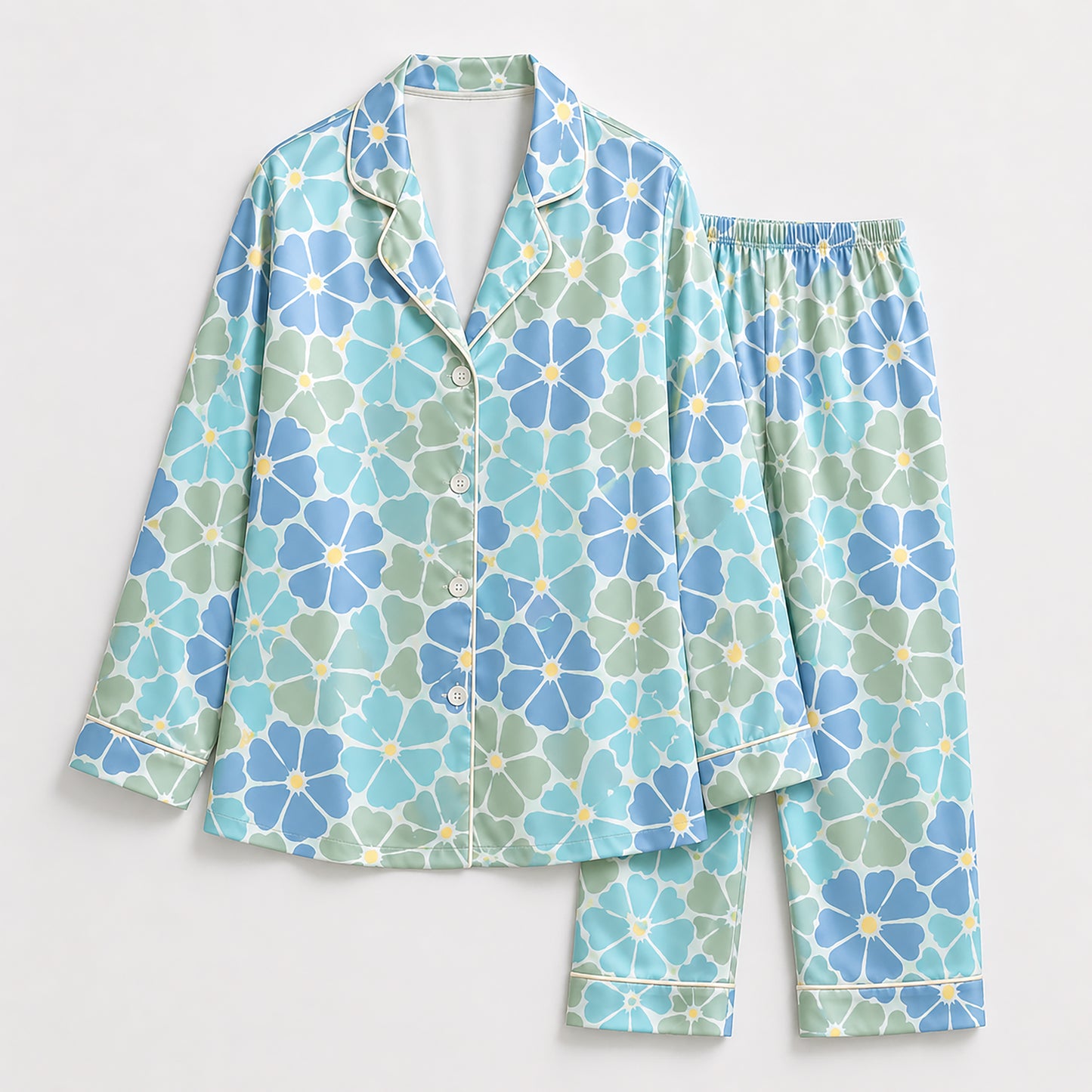 PJ-463-Blue Satin Floral Pajama Apparel, Pastel Petal Pattern Loungewear Sleepwear Collection Top Bottom Clothing