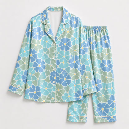 PJ-463-Blue Satin Floral Pajama Apparel, Pastel Petal Pattern Loungewear Sleepwear Collection Top Bottom Clothing