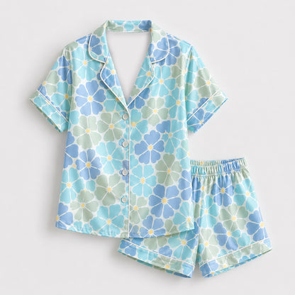 PJ-463-Blue Satin Floral Pajama Apparel, Pastel Petal Pattern Loungewear Sleepwear Collection Top Bottom Clothing