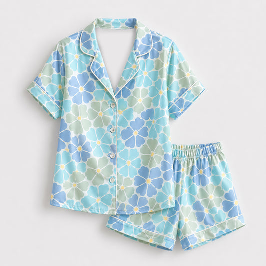 PJ-463-Blue Satin Floral Pajama Apparel, Pastel Petal Pattern Loungewear Sleepwear Collection Top Bottom Clothing