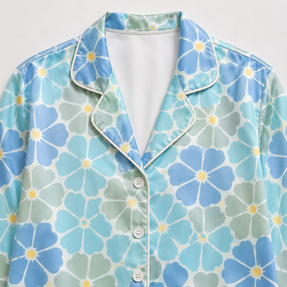 PJ-463-Blue Satin Floral Pajama Apparel, Pastel Petal Pattern Loungewear Sleepwear Collection Top Bottom Clothing