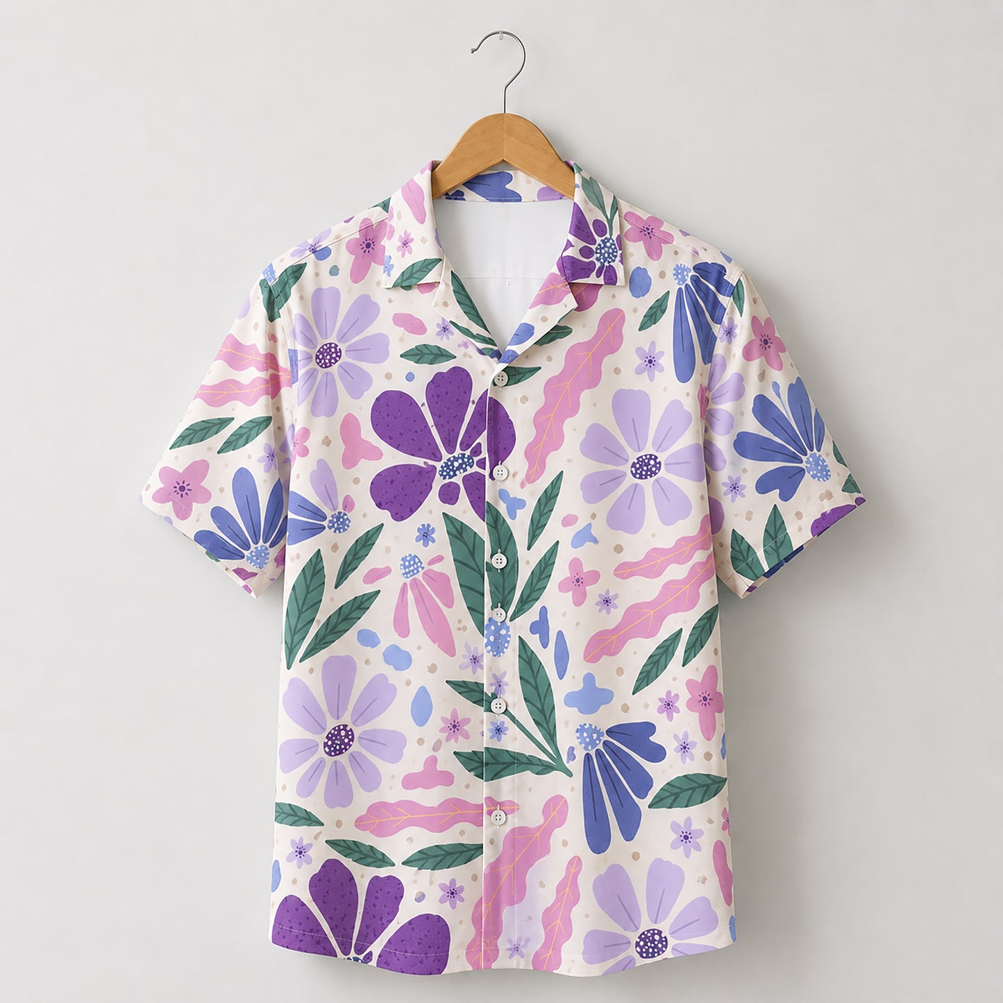 HW-464-Purple Woven Summer Island Aloha Shirt, Retro Blossom Graphic Button Down Top Beachwear Raiment