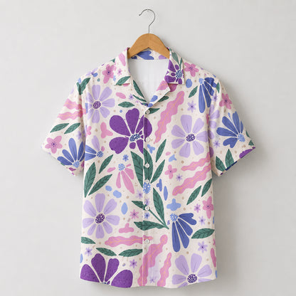 HW-464-Purple Woven Summer Island Aloha Shirt, Retro Blossom Graphic Button Down Top Beachwear Raiment