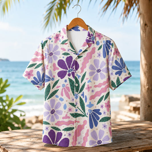 HW-464-Purple Woven Summer Island Aloha Shirt, Retro Blossom Graphic Button Down Top Beachwear Raiment