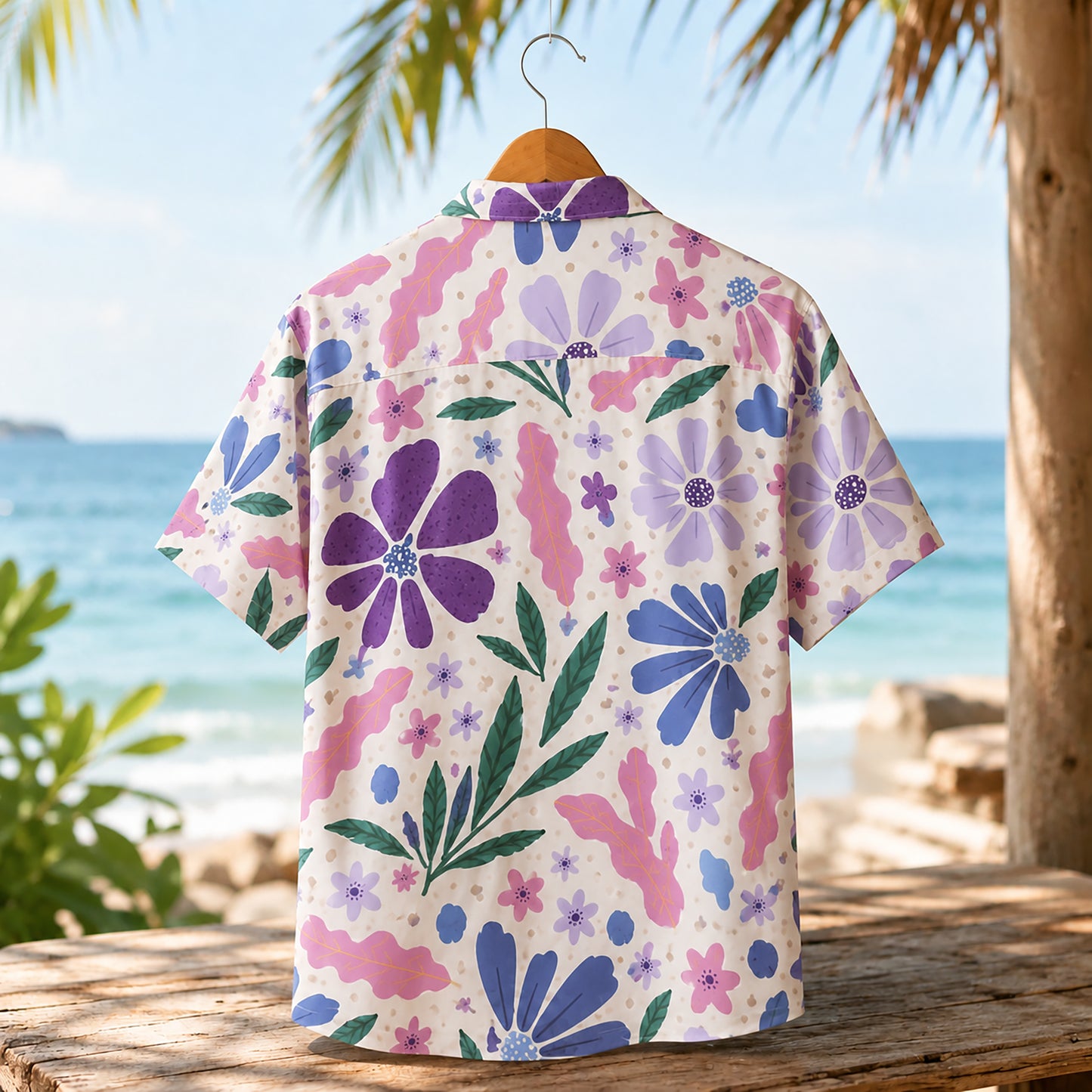 HW-464-Purple Woven Summer Island Aloha Shirt, Retro Blossom Graphic Button Down Top Beachwear Raiment
