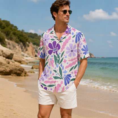 HW-464-Purple Woven Summer Island Aloha Shirt, Retro Blossom Graphic Button Down Top Beachwear Raiment