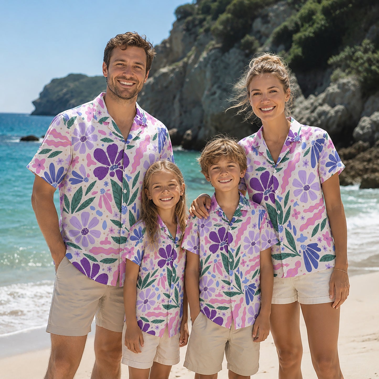 HW-464-Purple Woven Summer Island Aloha Shirt, Retro Blossom Graphic Button Down Top Beachwear Raiment