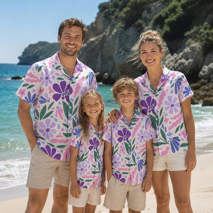 HW-464-Purple Woven Summer Island Aloha Shirt, Retro Blossom Graphic Button Down Top Beachwear Raiment