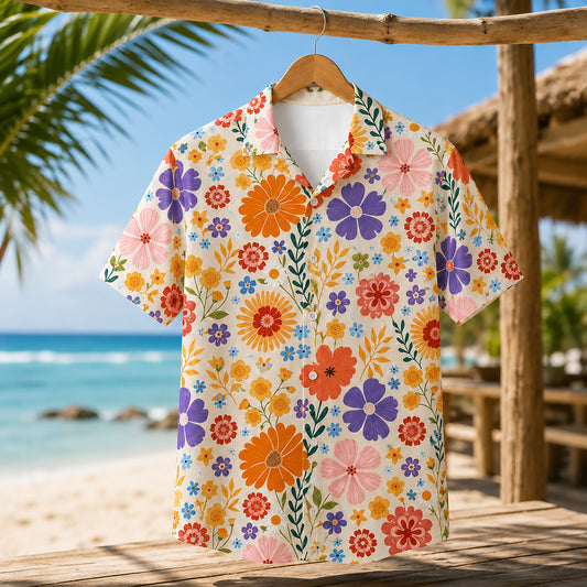 HW-465-Cream Woven Summer Island Aloha Shirt, Retro Daisy Graphic Button Down Top Beachwear Raiment