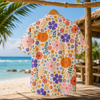 HW-465-Cream Woven Summer Island Aloha Shirt, Retro Daisy Graphic Button Down Top Beachwear Raiment