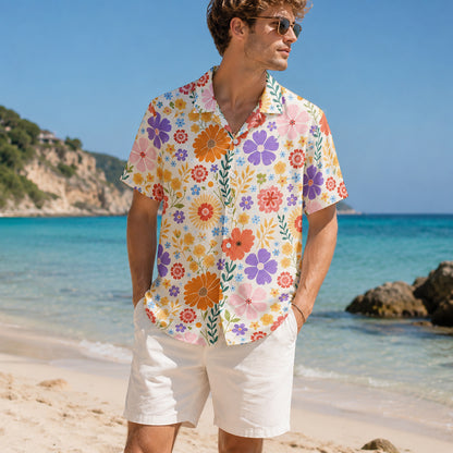HW-465-Cream Woven Summer Island Aloha Shirt, Retro Daisy Graphic Button Down Top Beachwear Raiment