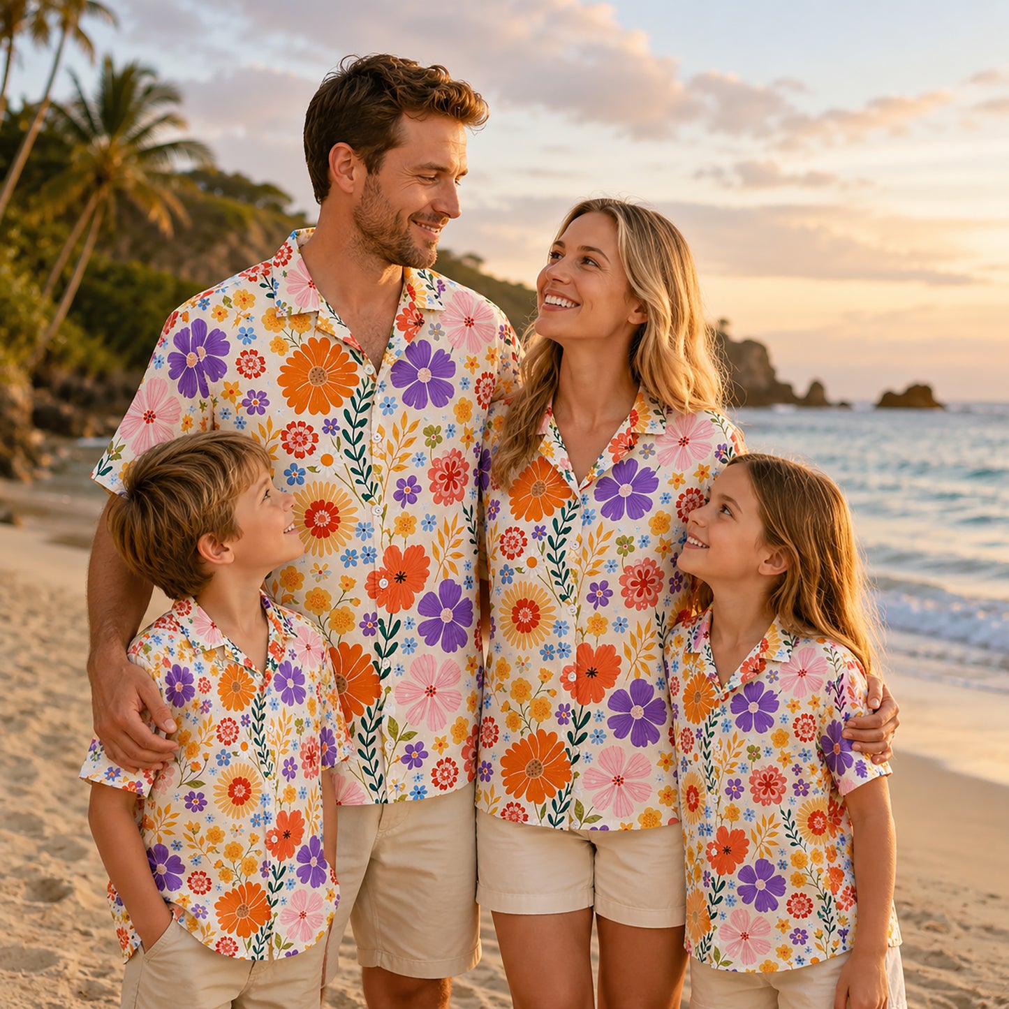HW-465-Cream Woven Summer Island Aloha Shirt, Retro Daisy Graphic Button Down Top Beachwear Raiment