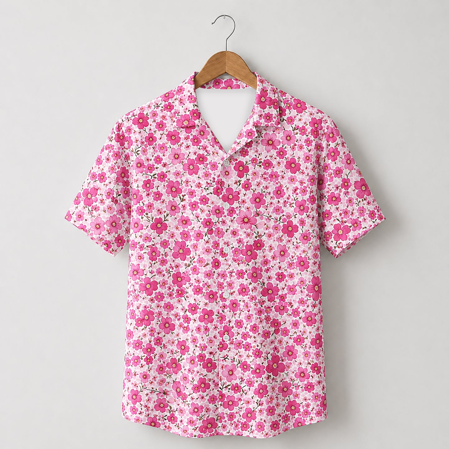 HW-466-Pink Blossom Hawaiian Shirt Ditsy Floral Botanical Summer Vacation Button Down Top