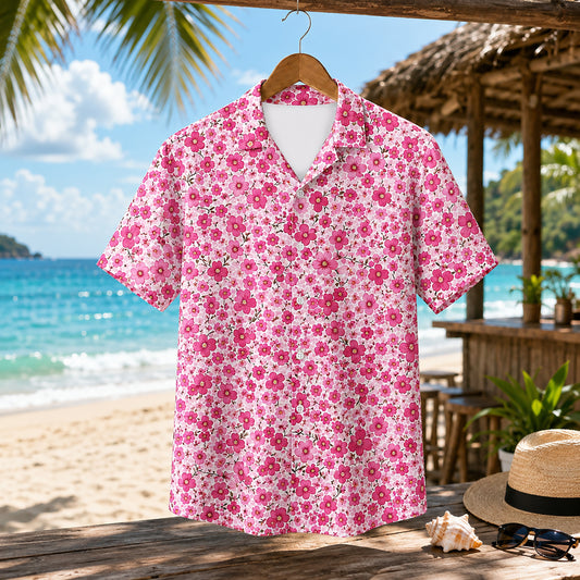 HW-466-Pink Blossom Hawaiian Shirt Ditsy Floral Botanical Summer Vacation Button Down Top