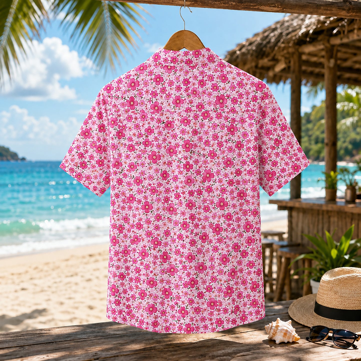 HW-466-Pink Blossom Hawaiian Shirt Ditsy Floral Botanical Summer Vacation Button Down Top