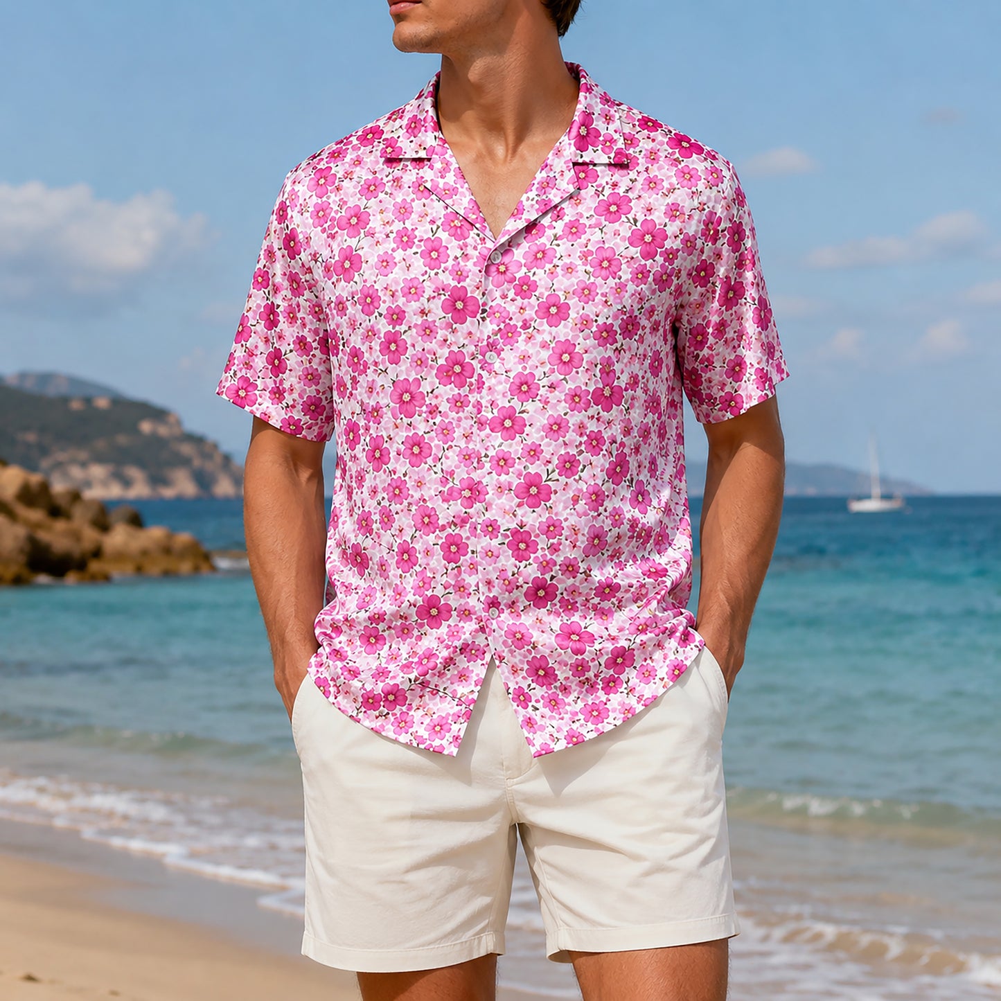 HW-466-Pink Blossom Hawaiian Shirt Ditsy Floral Botanical Summer Vacation Button Down Top