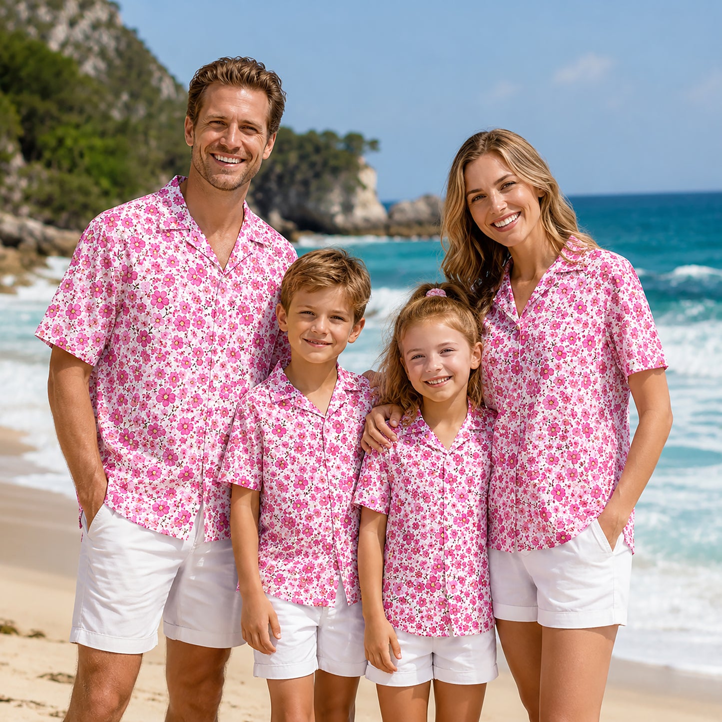 HW-466-Pink Blossom Hawaiian Shirt Ditsy Floral Botanical Summer Vacation Button Down Top