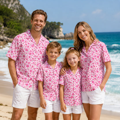 HW-466-Pink Blossom Hawaiian Shirt Ditsy Floral Botanical Summer Vacation Button Down Top