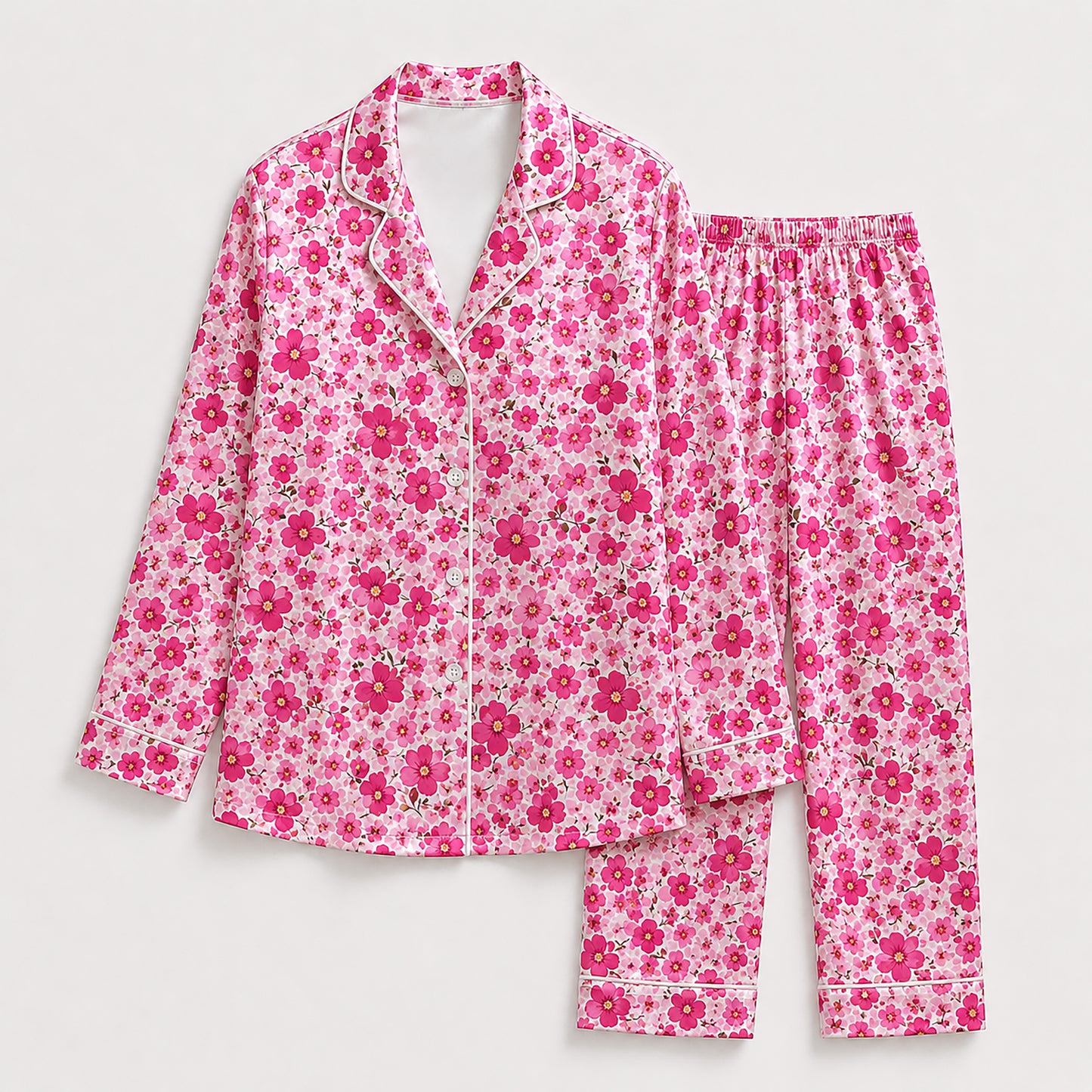 PJ-466-Rose Silk Retro Blossom Pajama Apparel, Colorful Abstract Graphic Loungewear Sleepwear Collection Top Bottom Raiment