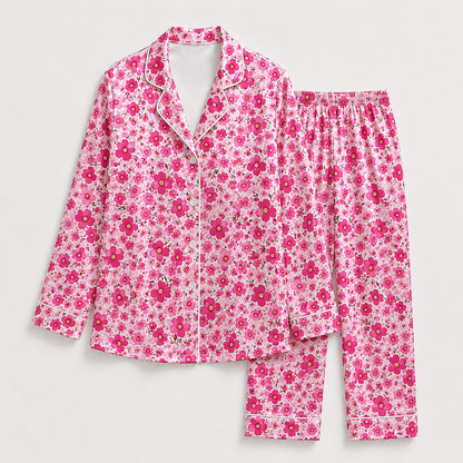 PJ-466-Rose Silk Retro Blossom Pajama Apparel, Colorful Abstract Graphic Loungewear Sleepwear Collection Top Bottom Raiment