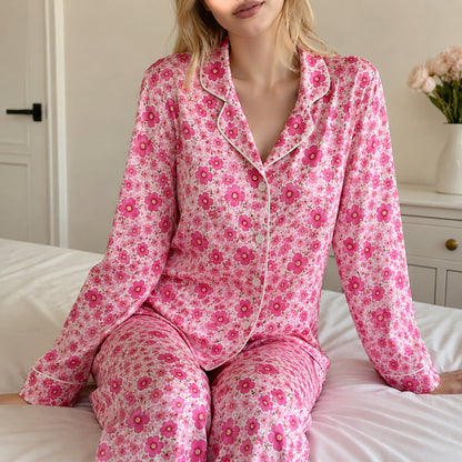 PJ-466-Rose Silk Retro Blossom Pajama Apparel, Colorful Abstract Graphic Loungewear Sleepwear Collection Top Bottom Raiment