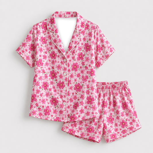 PJ-466-Rose Silk Retro Blossom Pajama Apparel, Colorful Abstract Graphic Loungewear Sleepwear Collection Top Bottom Raiment