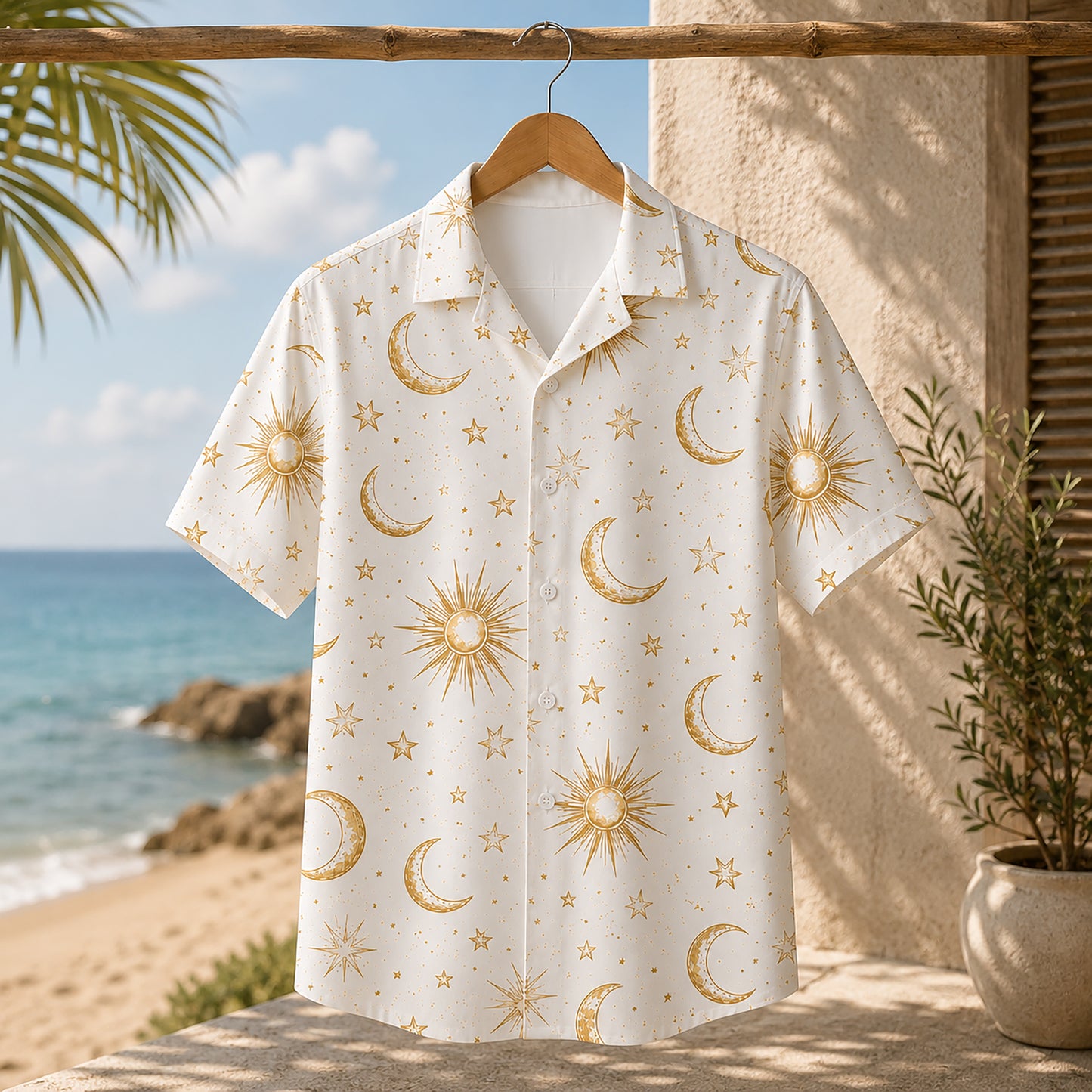 HW-467-Ivory Poly Refreshing Ocean Shirt, Sweet Constellation Printed Button Down Top Beachwear Attire