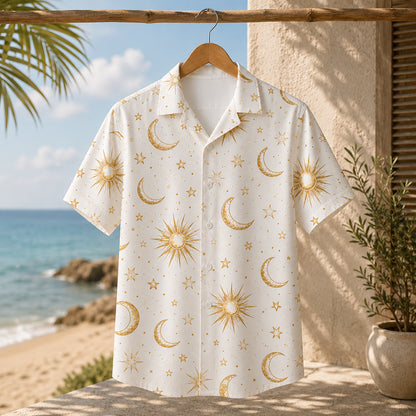HW-467-Ivory Poly Refreshing Ocean Shirt, Sweet Constellation Printed Button Down Top Beachwear Attire