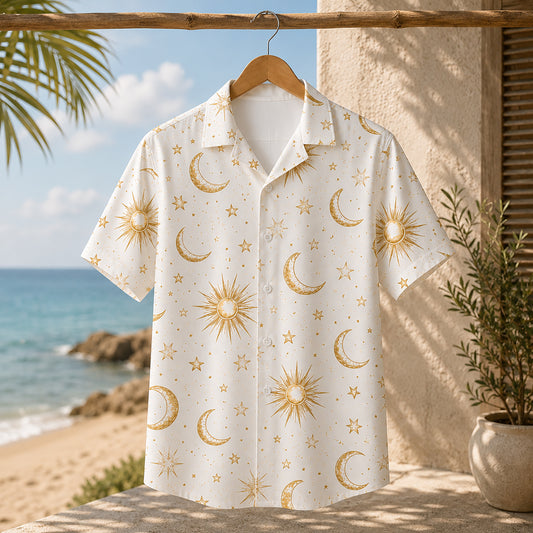 HW-467-Ivory Poly Refreshing Ocean Shirt, Sweet Constellation Printed Button Down Top Beachwear Attire