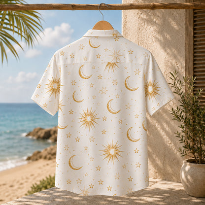 HW-467-Ivory Poly Refreshing Ocean Shirt, Sweet Constellation Printed Button Down Top Beachwear Attire