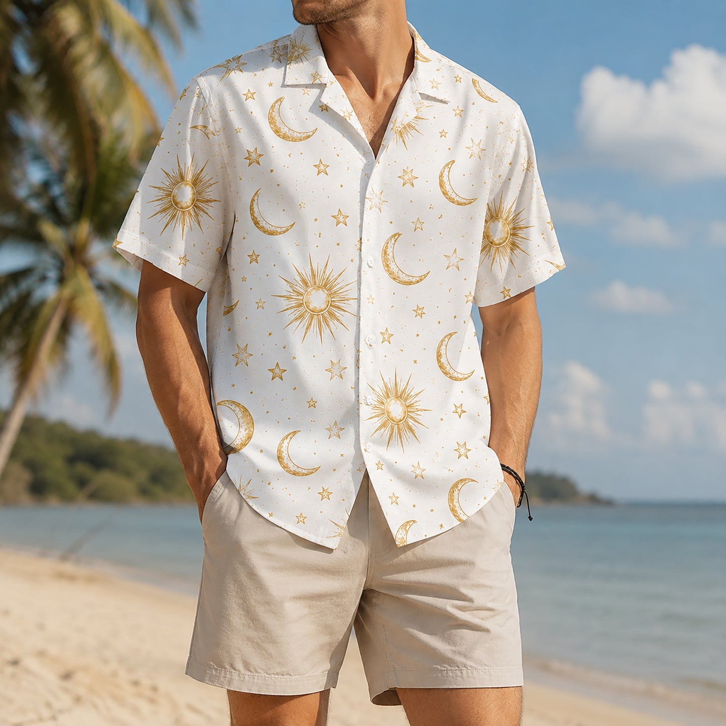 HW-467-Ivory Poly Refreshing Ocean Shirt, Sweet Constellation Printed Button Down Top Beachwear Attire