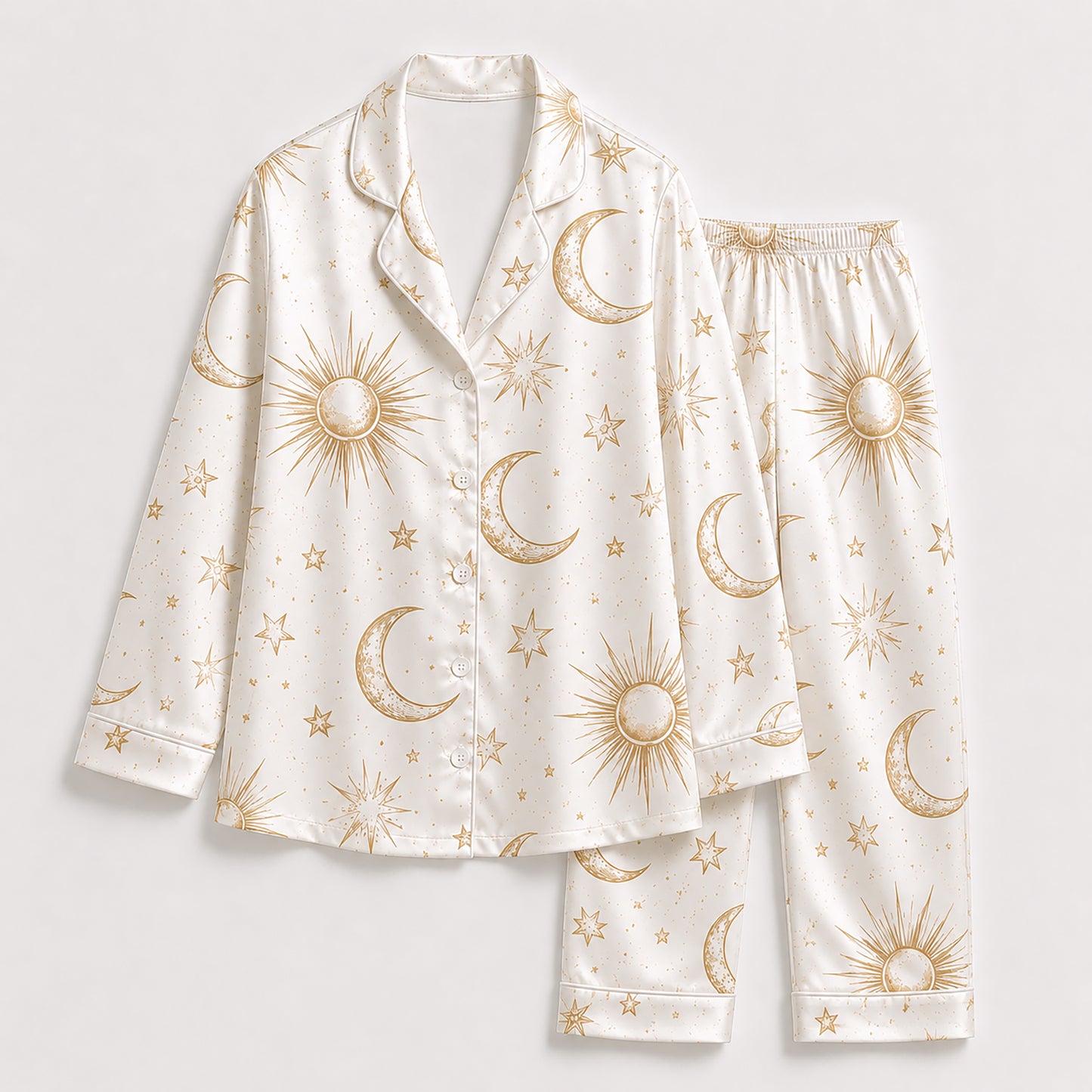 PJ-467-Alabaster Satin Nightwear Pajama Apparel, Whimsical Cosmos Component Loungewear Sleepwear Collection Top Bottom Vesture